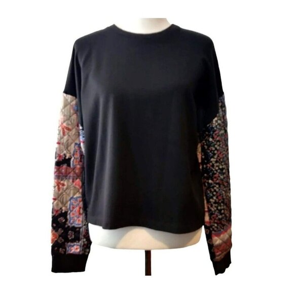 Zara Womens Black Bandana Floral Quilted Patchwork Sleeves Sweatshirt Top Medium - Picture 1 of 6